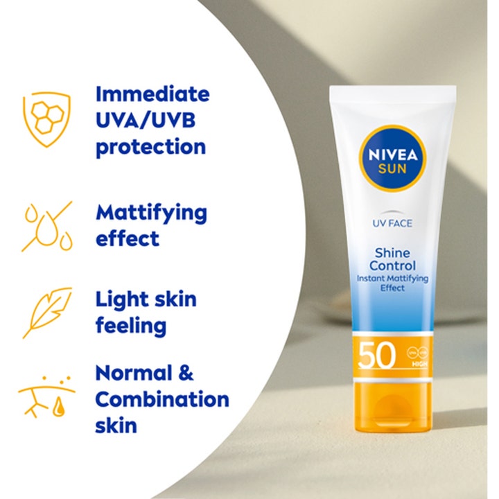NIVEA Sun UV Face Shine Control 50 ml solcreme til ansigtet der giver mat hud og SPF 50 beskyttelse