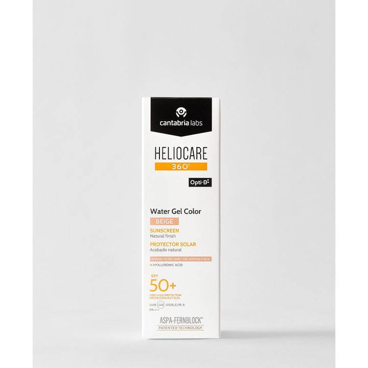 Heliocare Water Gel Color Beige 50 ml solcreme til ansigtet i hvid æske med SPF 50 og fugtgivende hyaluronsyre