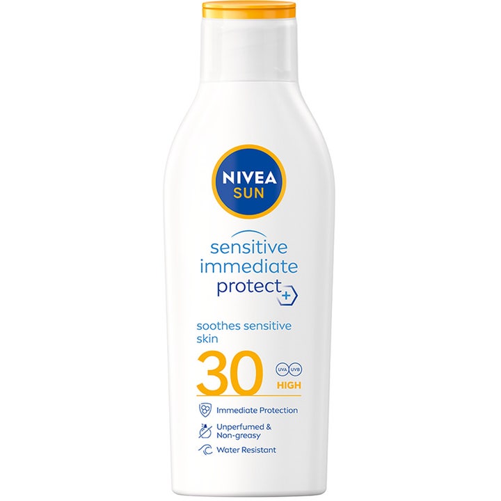 NIVEA Sensitive Immediate Protect 200 ml beroligende solcreme i hvid plastflaske med gult låg og SPF 30