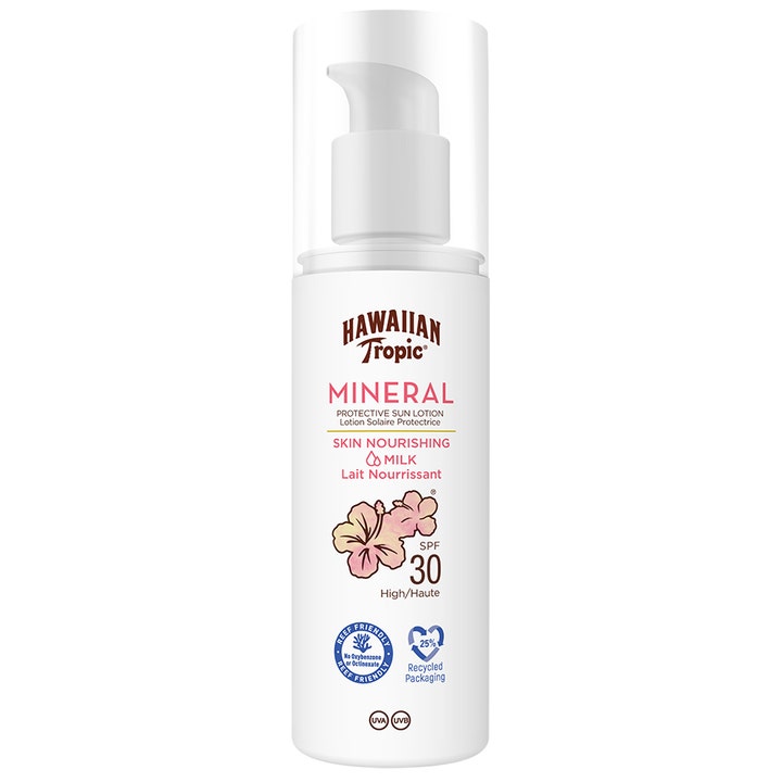 Hawaiian Tropic Mineral Skin Nourishing Milk SPF 30 solcreme i hvid pumpeflaske med fine blomsterdetaljer