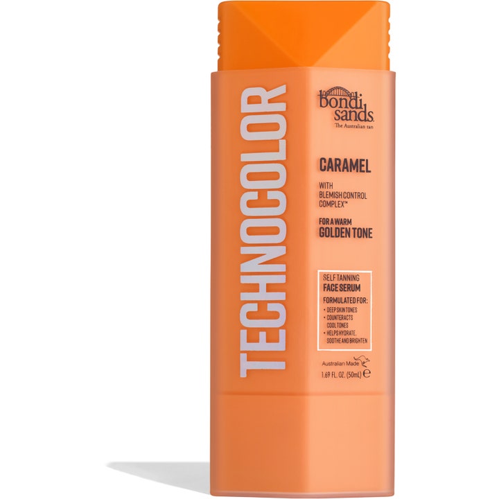 Bondi Sands Technocolor Caramel 50 ml selvbruner ansigtsserum i en mat orange flakon med hvid tekst