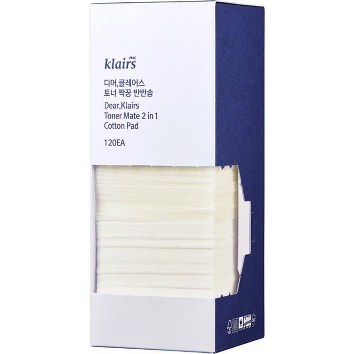 Klairs Toner Mate 2 in 1 Cotton Pad 120 stk bløde vatrondeller i en blå og hvid emballage med kighul