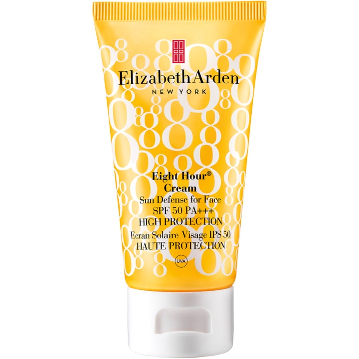 Elizabeth Arden Eight Hour Cream Sun Defense for Face SPF 50 50ml solcreme i gul tube med hvide 8-taller og hvidt låg