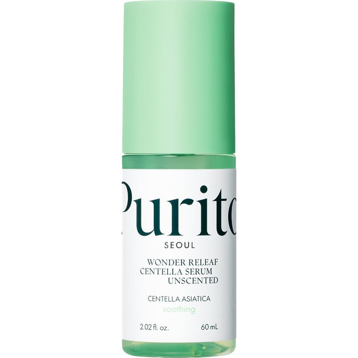 Purito Wonder Releaf Centella Serum Unscented 60 ml beroligende ansigtsserum i klar grøn flaske med lysegrønt låg