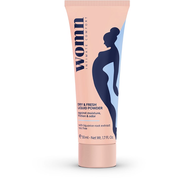 Womn Dry & Fresh Liquid Powder 50 ml intimpleje modvirker fugt og friktion i en ferskenfarvet tube med kvindesilhuet.