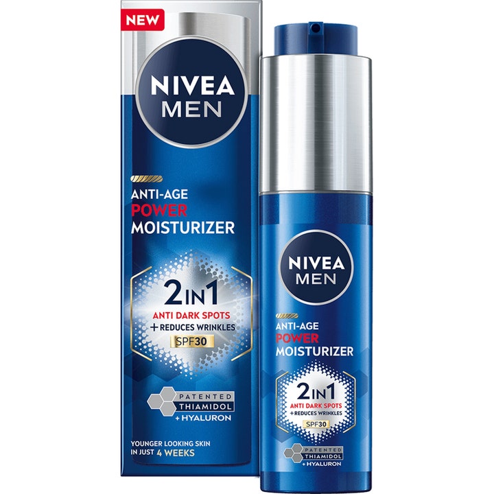 Nivea Men Anti-Age Power Moisturizer SPF 30 fugtighedscreme mod rynker i blå pumpeflaske og sølv æske