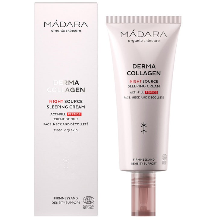 MÁDARA Derma Collagen Night Source Sleeping Cream 70 ml natcreme med peptider i lyserød tube og hvid emballage.