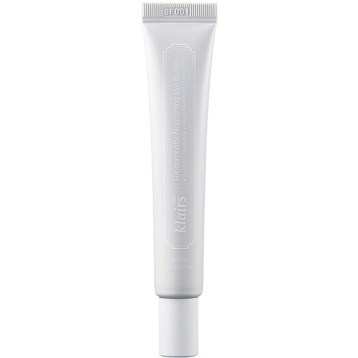 Klairs Fundamental Nourishing Eye Butter 20 g nærende øjencreme i en hvid minimalistisk tube med sølvfarvet låg