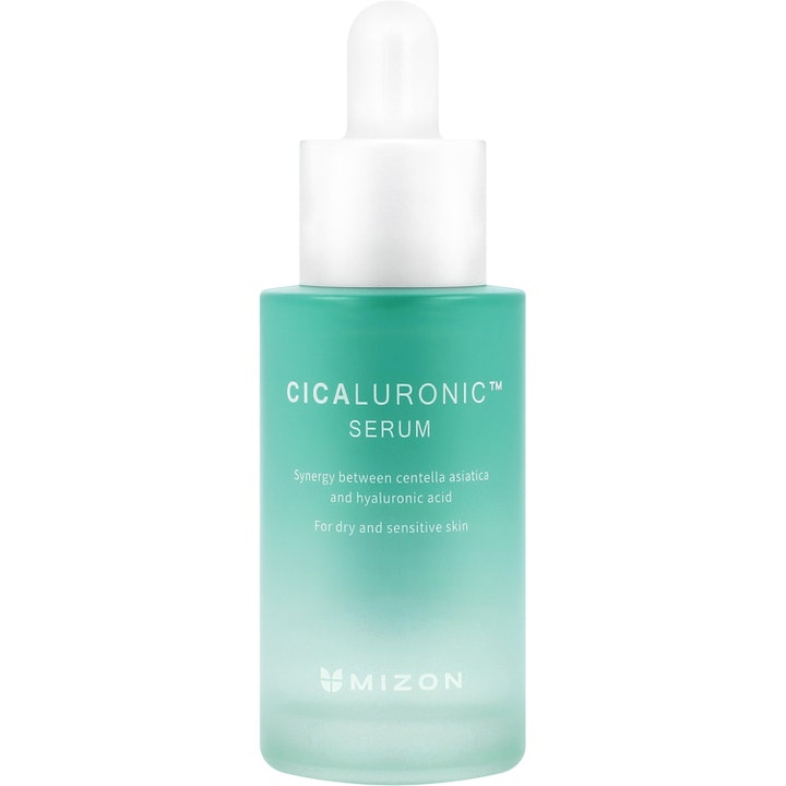Mizon Cicaluronic Serum 30ml beroligende ansigtsserum i en grøn frostet glasflaske med hvid pipette