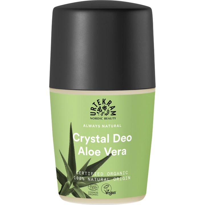 Urtekram Crystal Deo Aloe Vera 50 ml plejende roll-on deodorant i grøn emballage med sort låg og aloe vera plante.