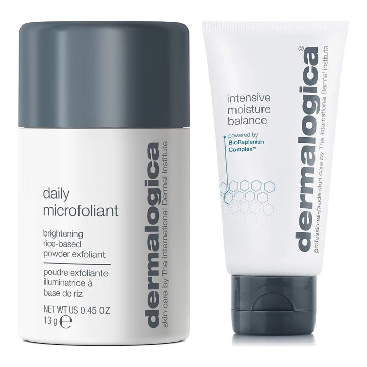 Dermalogica Intensive Moisture Balance og Daily Microfoliant sæt i hvid tube og flaske med grå låg der fugter og eksfolierer