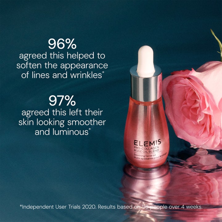 Elemis Pro-Collagen Rose Facial Oil 15 ml ansigtsolie i lyserød flaske ved en rose med tekst om 97% glattere hud