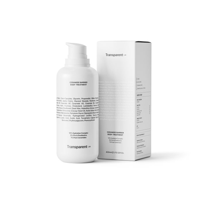 Niche Beauty Lab Transparent Lab Ceramide Barrier Body Treatment 400 ml i hvid pumpeflaske med æske