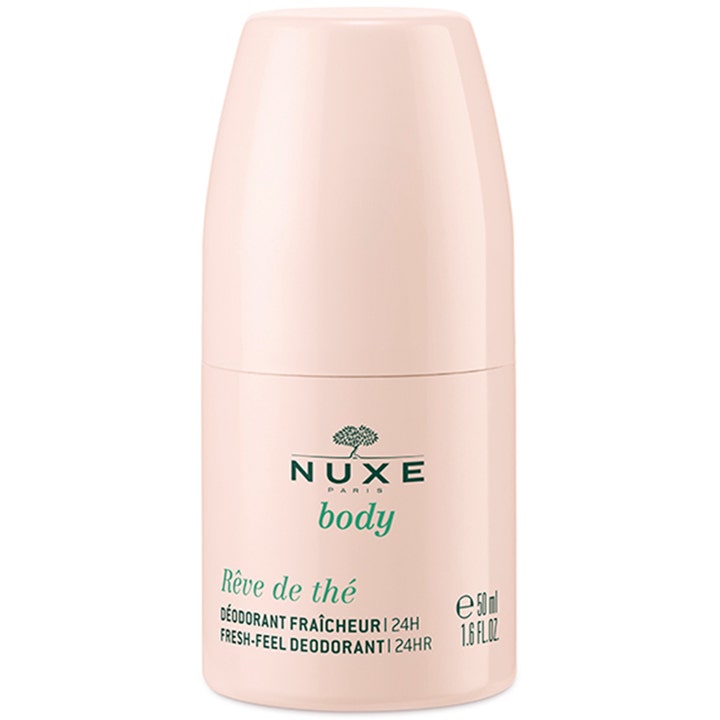 Nuxe Body Rêve de thé 50 ml deodorant der giver friskhed i en lyserød roll-on flaske med grøn tekst