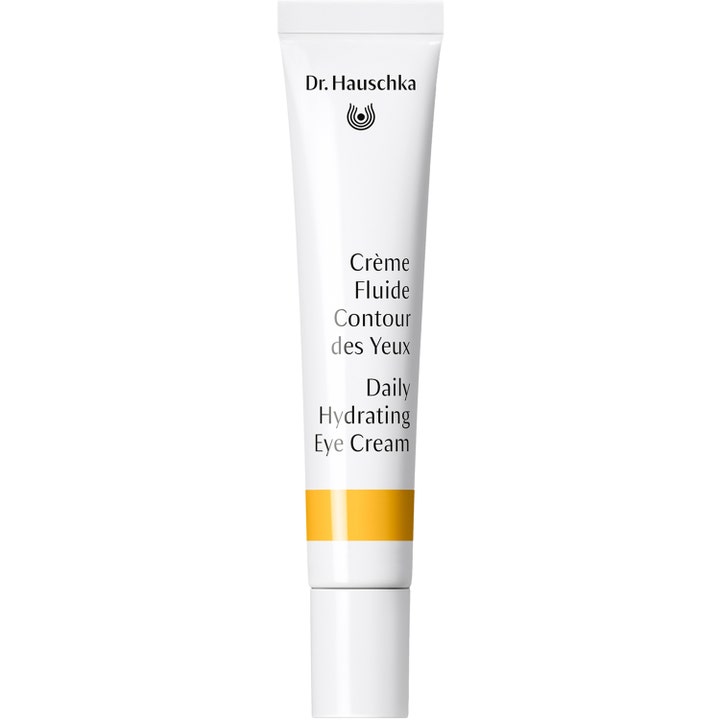 Dr. Hauschka Daily Hydrating Eye Cream 12,5 ml fugtgivende øjencreme i hvid tube med gul detalje og hvidt låg