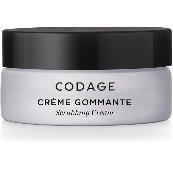 Codage Crème Gommante Scrubbing Cream eksfolierende ansigtsscrub i en frostet hvid glaskrukke med et sort låg