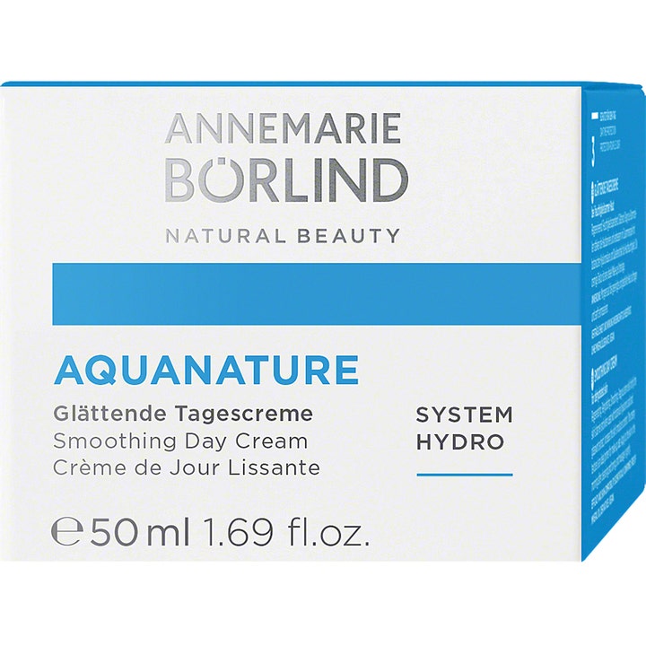 Annemarie Börlind Aquanature Smoothing Day Cream 50 ml fugtgivende dagcreme i hvid og blå yderemballage