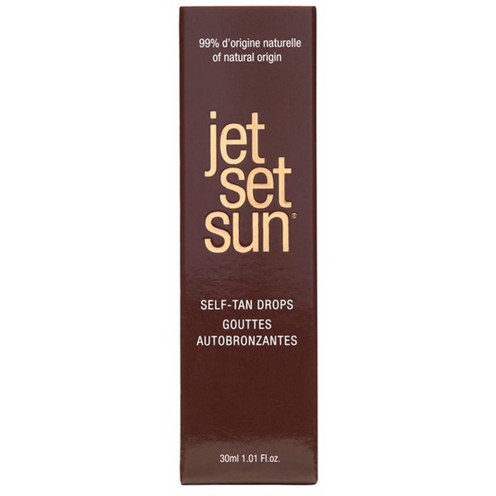 Jet Set Sun Selftan Drops 30 ml selvbruner dråber i mørkebrun papæske med guldskrift og 99% naturlig oprindelse