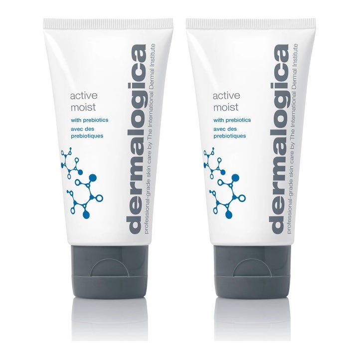 Dermalogica Active Moist duo fugtgivende ansigtscreme med præbiotika i to hvide tuber med grå vippelåg.