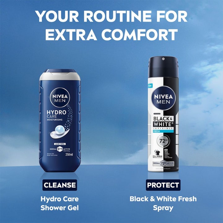 NIVEA MEN Black & White Fresh Spray 150 ml deodorant modvirker pletter på sort og hvid baggrund med dråber