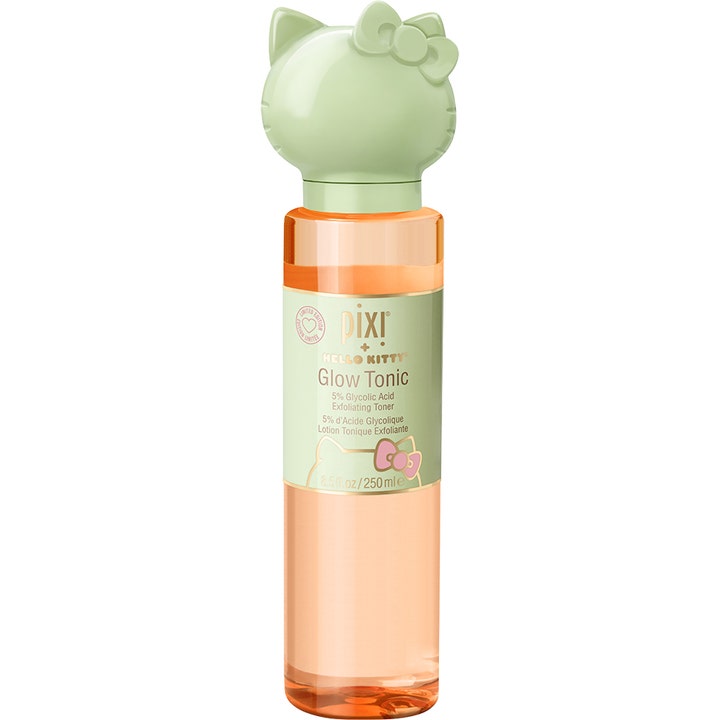 Pixi Hello Kitty Glow Tonic 250 ml eksfolierende skintonic i klar flaske med lysegrønt Hello Kitty-låg