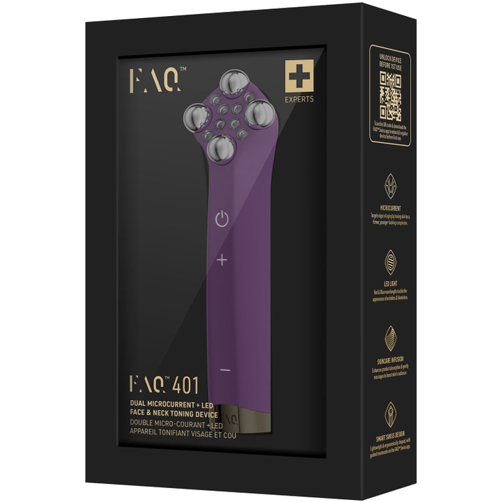 FAQ Swiss FAQ 401 Dual Microcurrent Red LED Toning Device i sort æske der opstrammer huden med lilla design