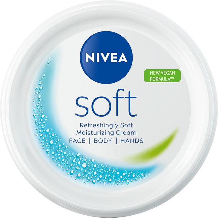 Nivea Soft Moisturizing Cream fugtgivende creme med vegansk formel i hvid krukke med blåt logo og vanddråber