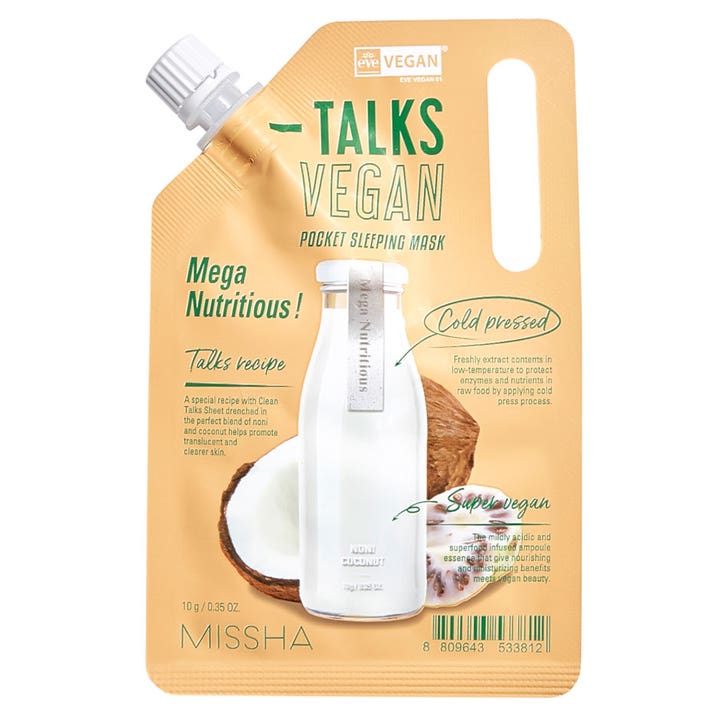 Missha Talks Vegan Pocket Sleeping Mask Mega Nutritious 10 g giver næring i en beige pose med hvidt skruelåg
