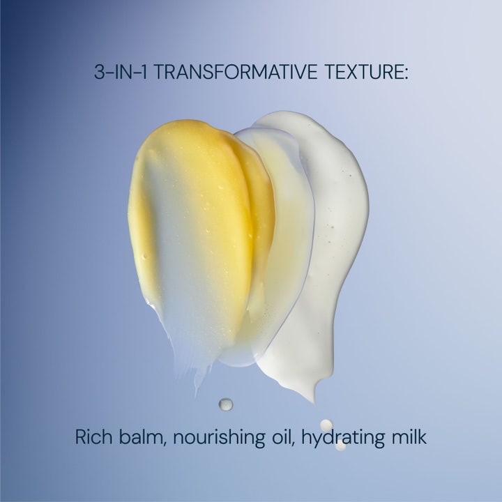 Elemis Pro-Collagen Cleansing Balm 100 g rensebalm viser teksturtransformation fra rig balm til olie og mælk