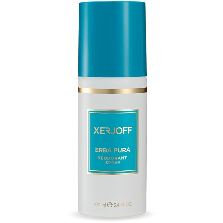 Xerjoff Erba Pura 100 ml deodorant spray der giver friskhed i en hvid flaske med turkis låg og gulddetaljer