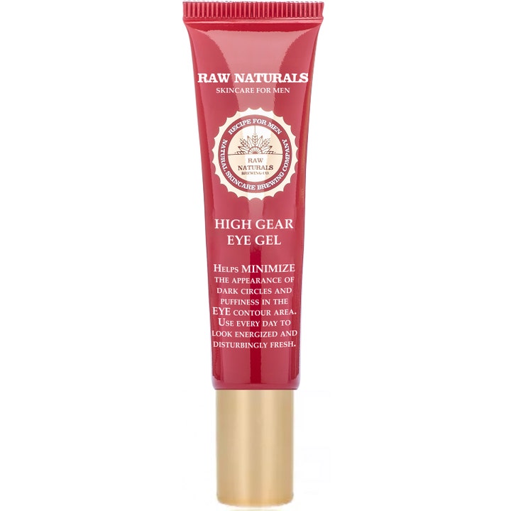 Raw Naturals High Gear Eye Gel mod mørke rande og hævelser i en blank rød tube med guldfarvet hætte.
