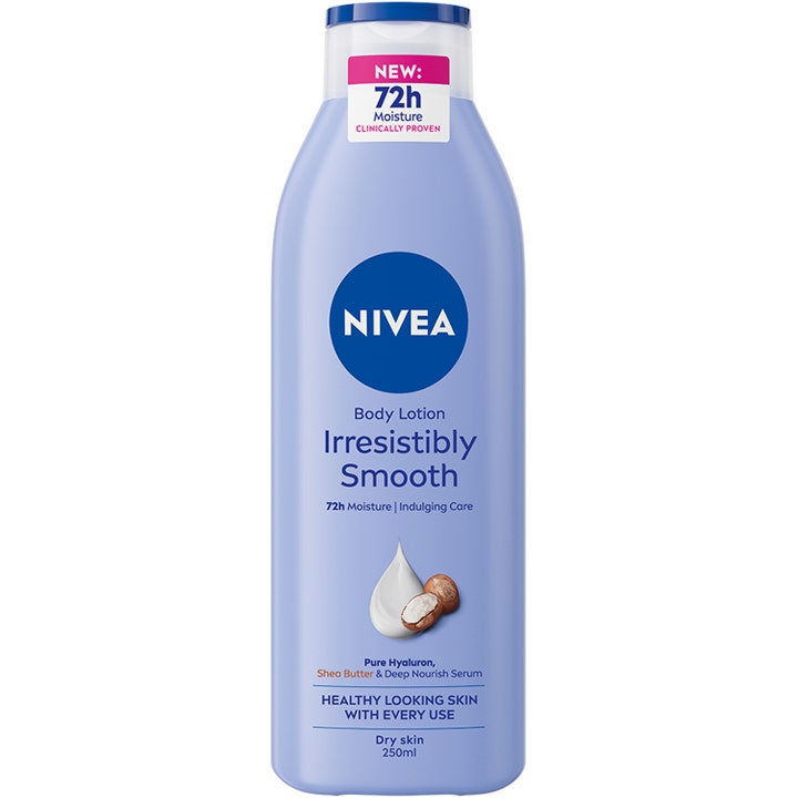 Nivea Irresistibly Smooth 250ml fugtgivende body lotion til tør hud i lilla flaske med sheanød og hvid dråbe