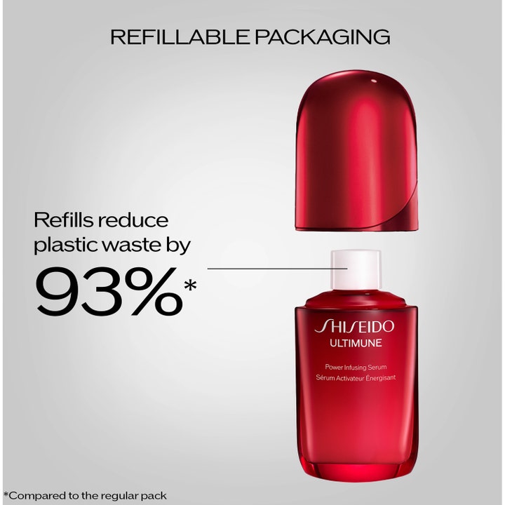 Shiseido Ultimune Power Infusing Concentrate 4.0 50 ml styrkende serum i rød refill flaske mindsker plastik med 93%