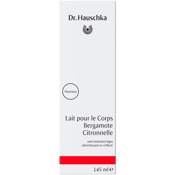 Dr. Hauschka Bergamotte Lemongrass Vitalising Body Milk 145 ml vitaliserende bodylotion i hvid æske med rød detalje.