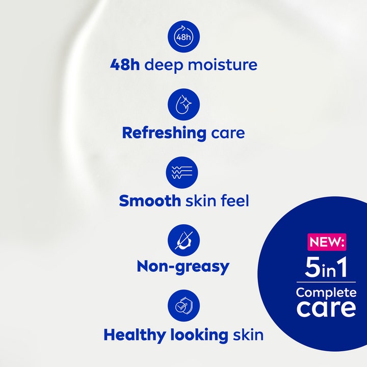 NIVEA Aloe & Hydration Body Lotion 250 ml fugtgivende kropspleje med hvid tekstur og blå ikoner for 5in1 care