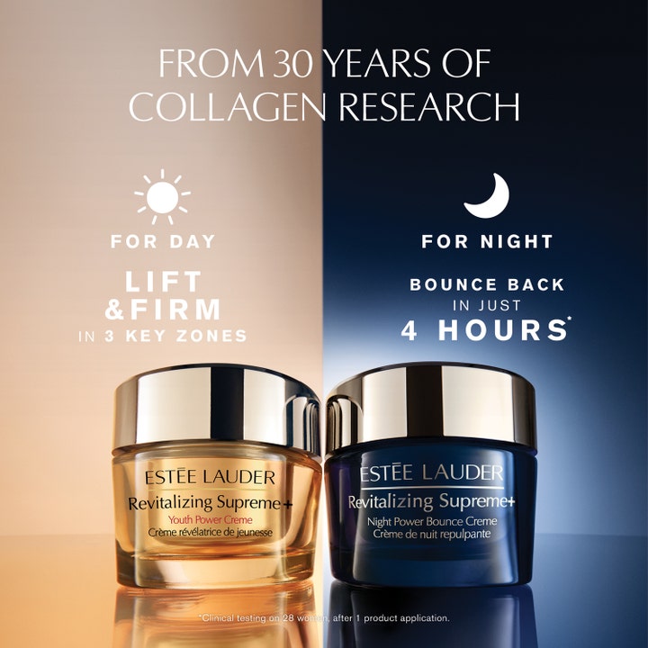 Estée Lauder Revitalizing Supreme + Night Power Bounce Creme 50 ml fasthedsgivende nattkräm i blå og guld glasrukker.