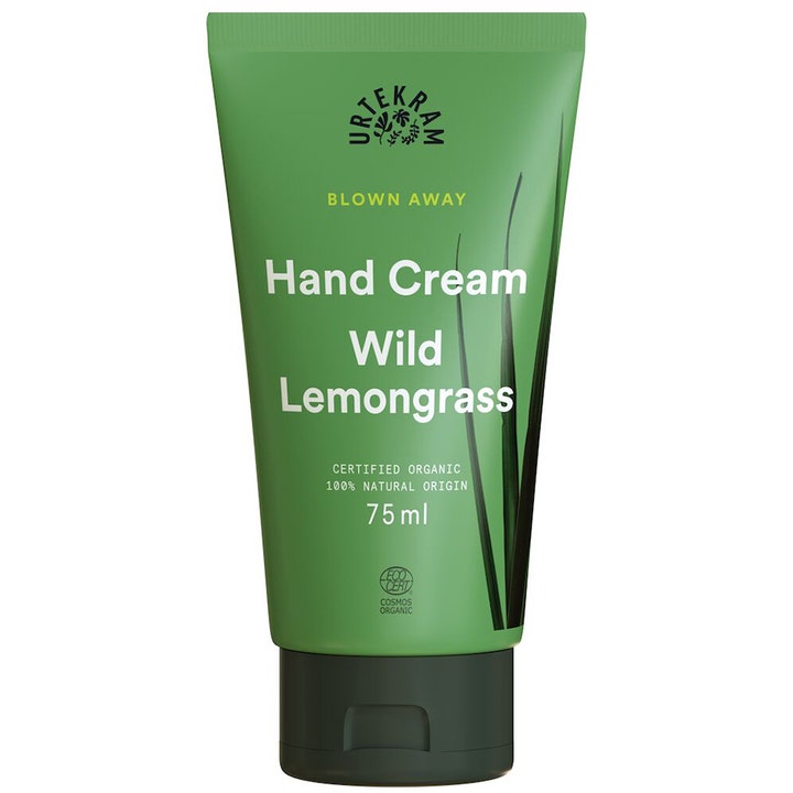 Urtekram Wild Lemongrass Hand Cream 75 ml plejende økologisk håndcreme i grøn tube med græsstrå og mørkt låg.