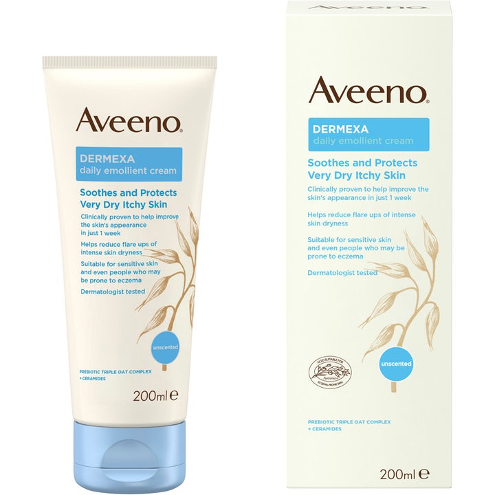 Aveeno Dermexa Daily Emollient Cream 200ml beroliger tør hud i hvid tube med lyseblåt låg og æske med havre-motiv