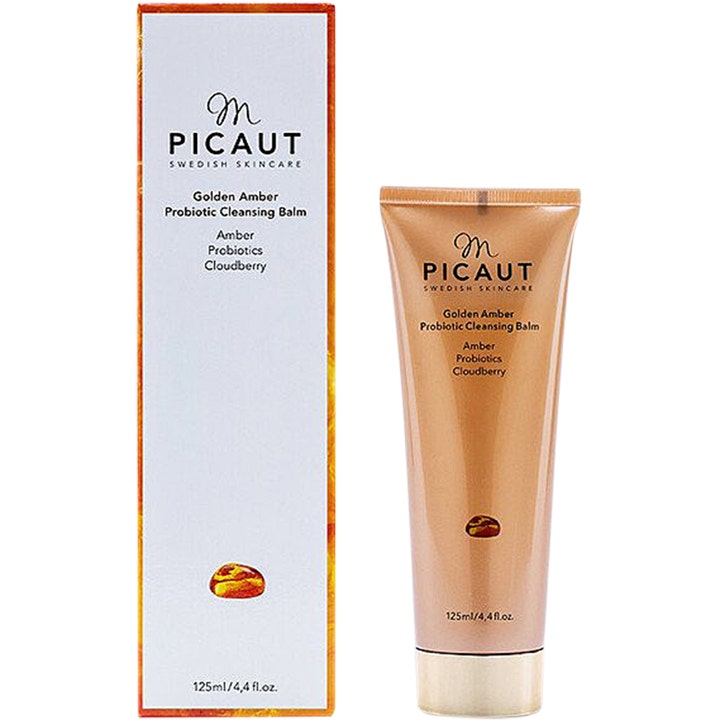 M Picaut Golden Amber Probiotic Cleansing Balm 125 ml ansigtsrens i en gylden tube og hvid æske med rav