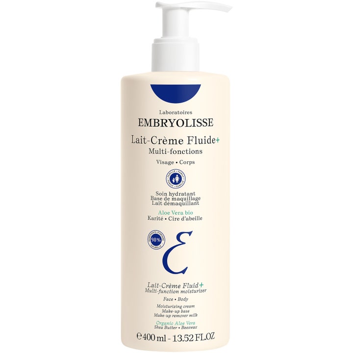 Embryolisse Lait-Crème Fluide+ 400 ml fugtgivende creme til ansigt og krop i hvid flaske med pumpe.