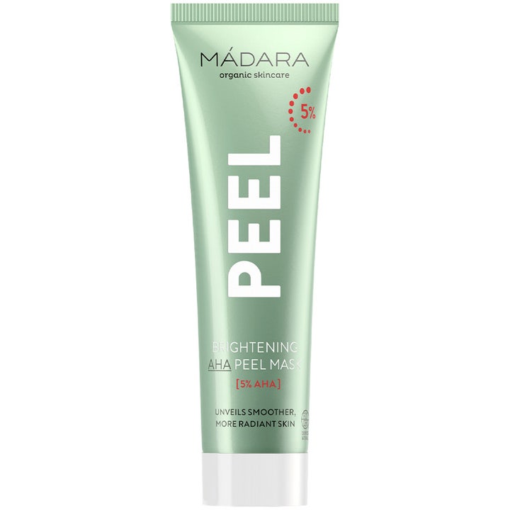 Mádara Brightening AHA Peel Mask eksfolierende ansigtsmaske i lysegrøn tube der giver huden fornyet glød.
