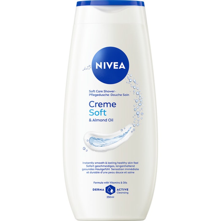 Nivea Creme Soft Care Shower 250 ml fugtgivende kropsvask i hvid plastflaske med blåt låg og cremet grafik