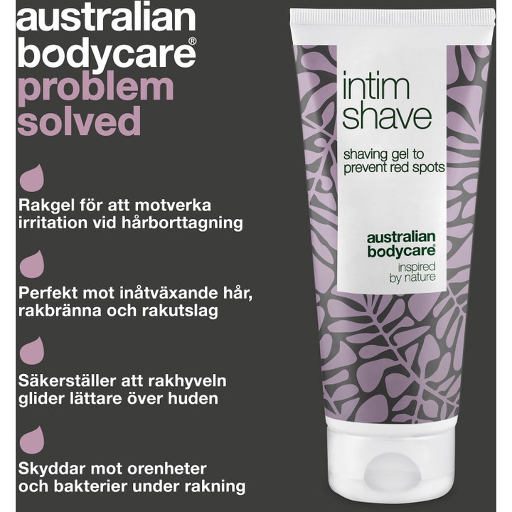 Australian Bodycare Intim Shave 100 ml barbergel mod røde knopper i hvid tube med lilla bladmønster til intimbarbering
