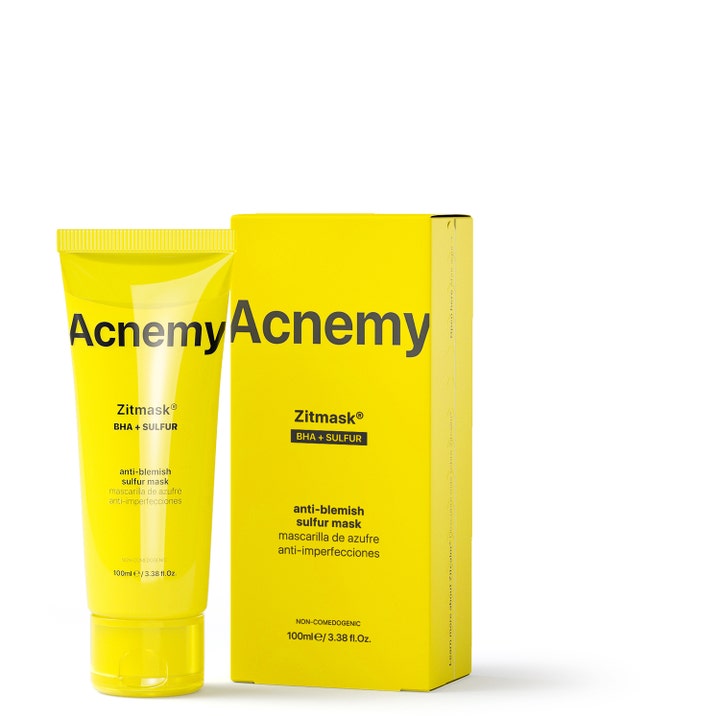 Niche Beauty Lab Acnemy Zitmask 100 ml ansigtsmaske mod urenheder i gul tube og æske med BHA og svovl