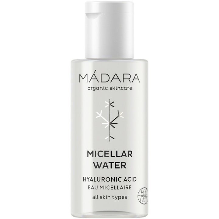 Mádara Micellar Water 100 ml fugtgivende rens med hyaluronsyre i gennemsigtig flaske med hvidt vippelåg