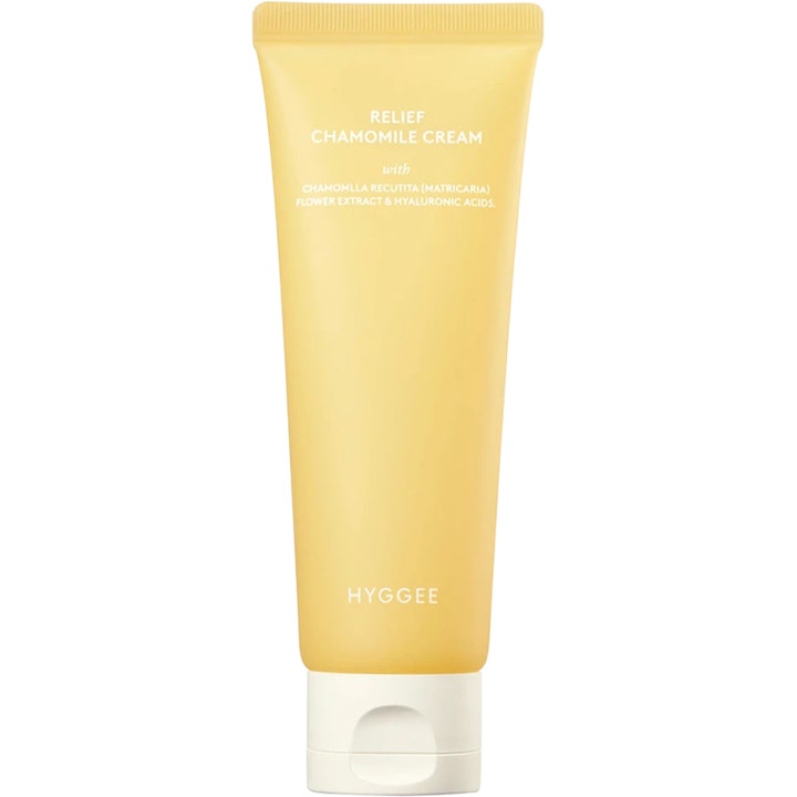 HYGGEE Relief Chamomile Cream beroligende ansigtscreme i gul tube med hvidt låg der lindrer og gennemfugter huden