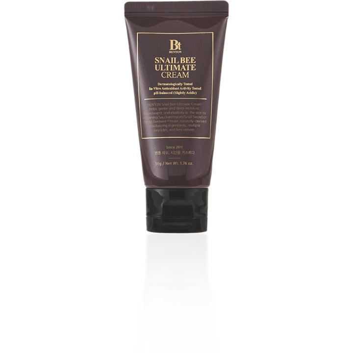 Benton Snail Bee Ultimate Cream 50 g nærende ansigtscreme i mørkebrun tube med guldskrift og sort låg