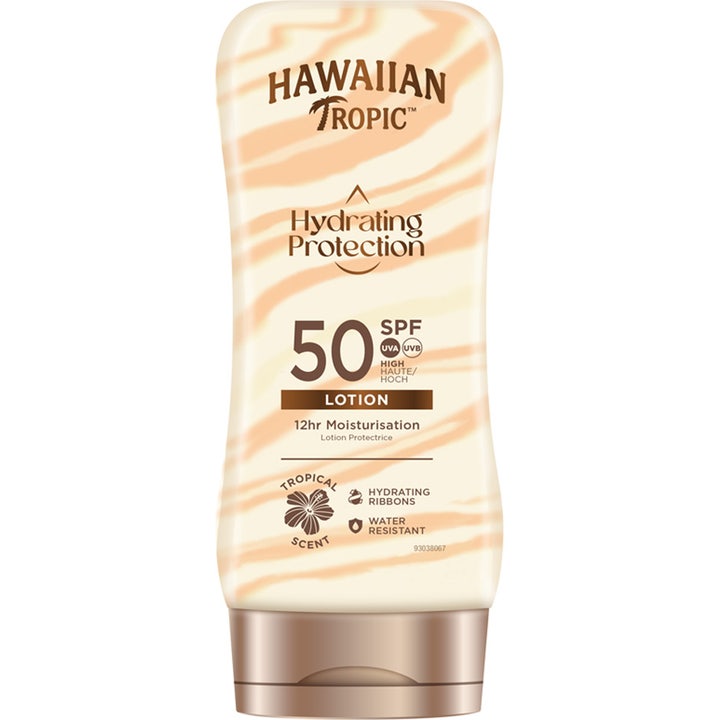 Hawaiian Tropic Hydrating Protection SPF 50 fugtgivende solcreme i klar flaske med synlige orange striber og bronzelåg