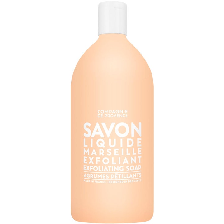 Compagnie de Provence Savon Liquide Marseille Exfoliant 1000ml opfriskende eksfolierende sæbe i ferskenfarvet plastflaske