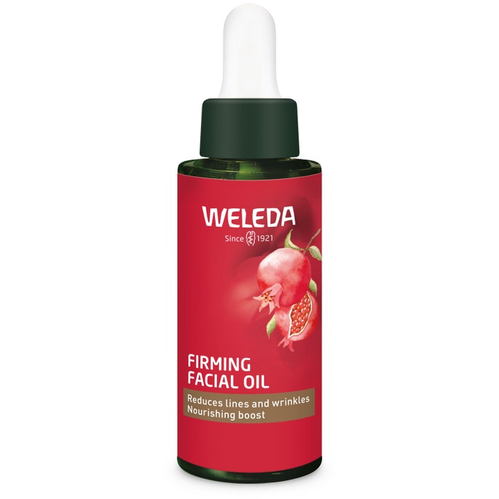 Weleda Firming Facial Oil opstrammende ansigtsolie mod rynker i grøn glasflaske med granatæble og hvid pipette